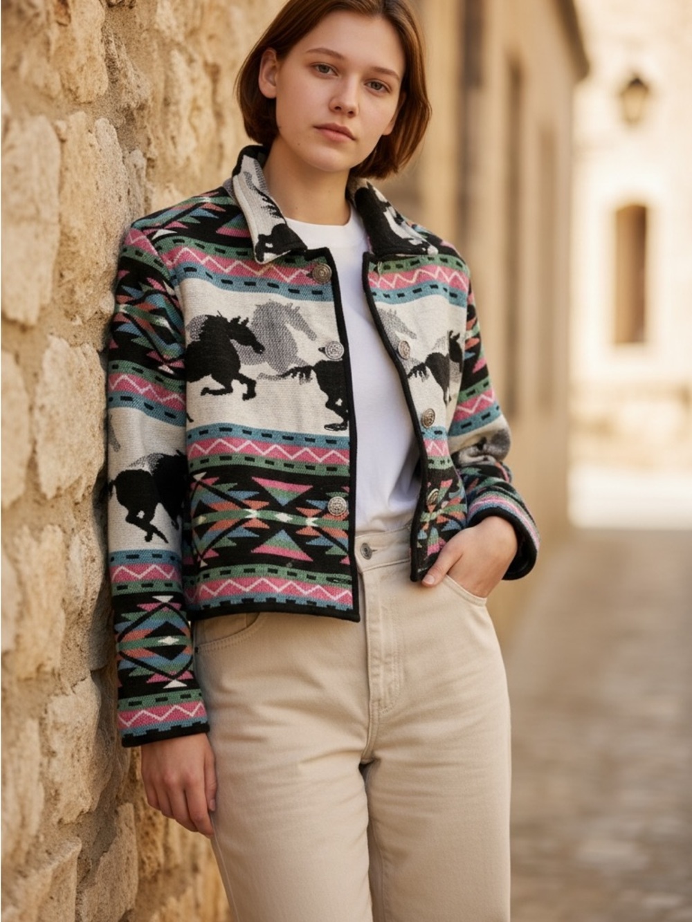 Vintage Multicolor Aztec Horse-Print Jean Jacket